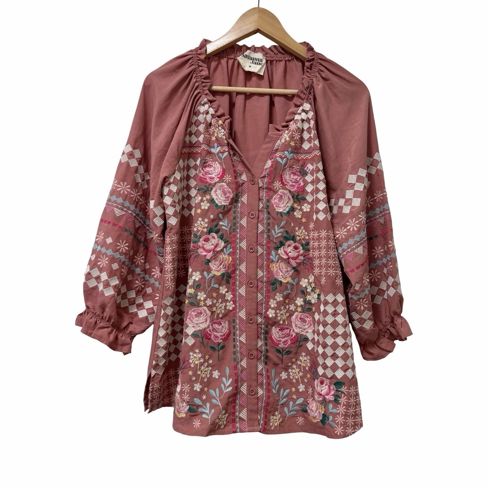 Savanna Jane Womens Floral Embroidered Button Up Top Size M Cottage Boho Peasant
